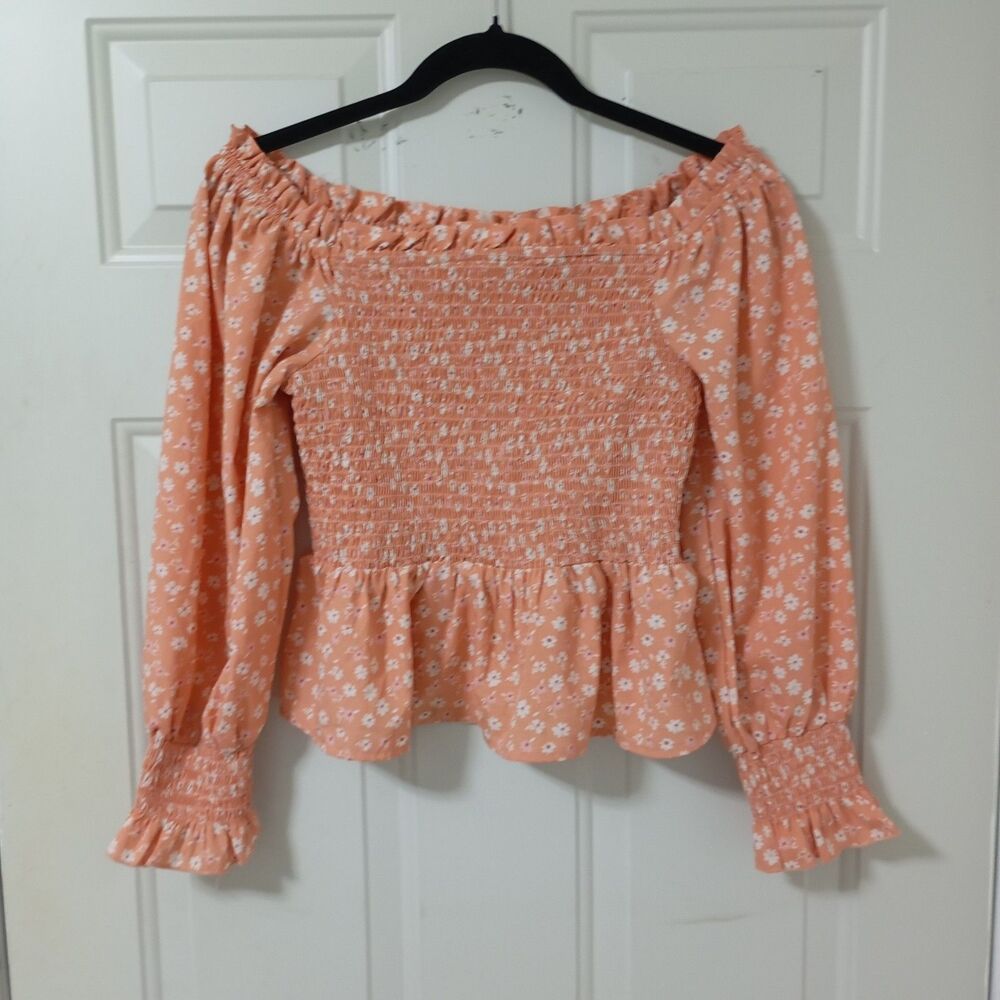 Indulge Women's Top Floral Cropped Smocked Puff Sleeve Blouse Size M